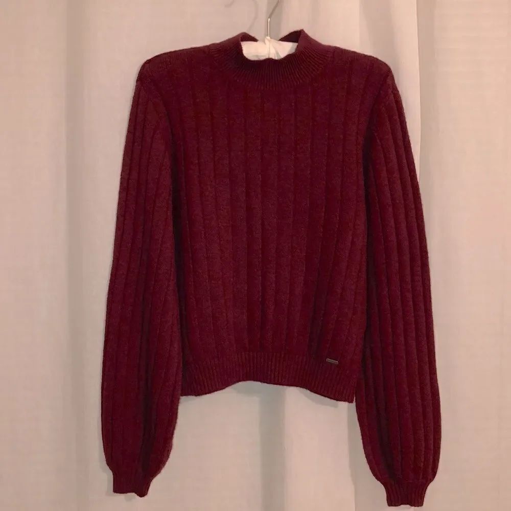 Hollister S Burgundy Knit Balloon Sleeve Mock Sweater